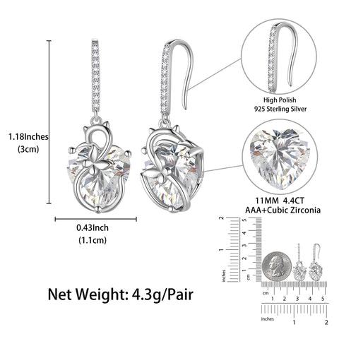 Cat Butterfly Earrings for Women 925 Sterling Silver Earrings Dangle Drop Hook Heart Diamond April Birthstone Wedding Bridal Jewelry Mothers Valentines Day Gifts for Wife Girlfriend - Aurora Tears