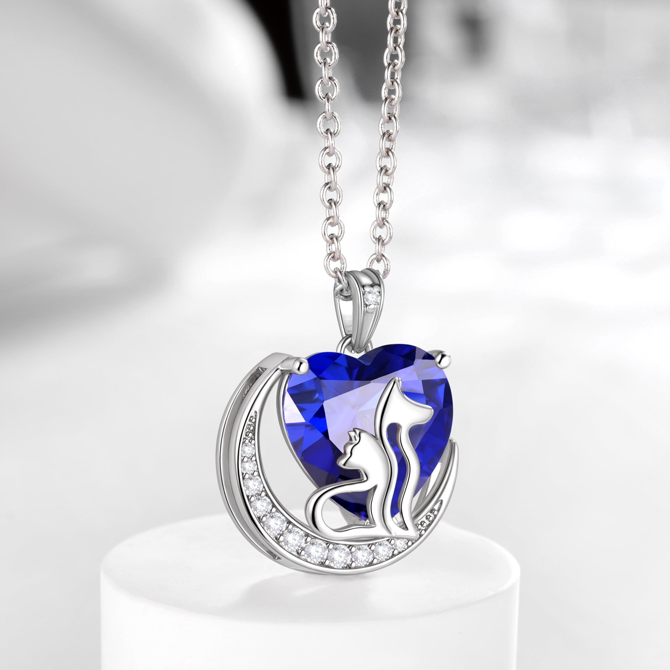 Women Animal Cat and Dog Necklace Blue Heart September Birthstone Charm Sapphire Pendant Jewelry Christmas Birthday Gift for Mother Daughter Pet Lovers - Aurora Tears