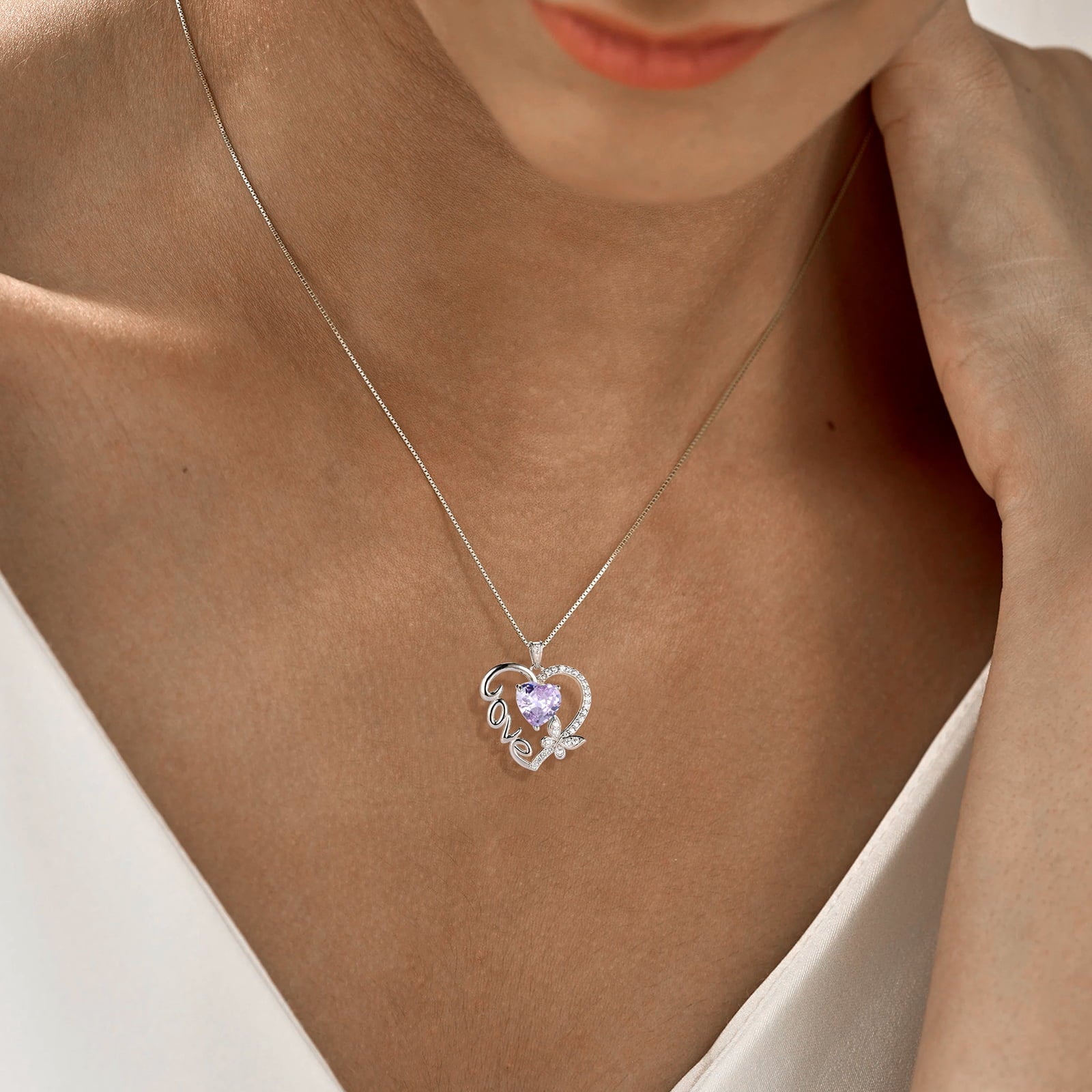 Women Purple Love Heart Necklace Butterfly June Birthstone Necklace Alexandrite 925 Sterling Silver Pendant Jewelry Birthday Valentine Mother's Day Gift - Aurora Tears