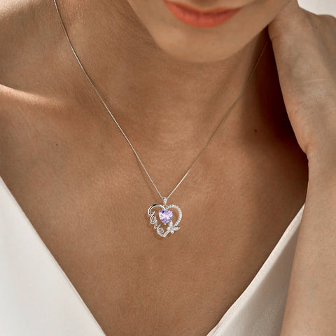 Women Purple Love Heart Necklace Butterfly June Birthstone Necklace Alexandrite 925 Sterling Silver Pendant Jewelry Birthday Valentine Mother's Day Gift - Aurora Tears