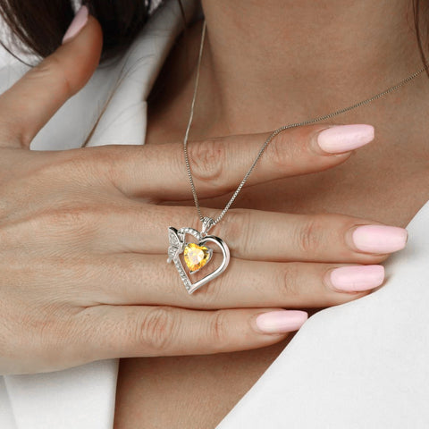 Women Yellow Heart Necklace Butterfly November Birthstone Necklace Citrine CZ 925 Sterling Silver Pendant Jewelry Mother Wife Christmas Birthday Gift - Aurora Tears