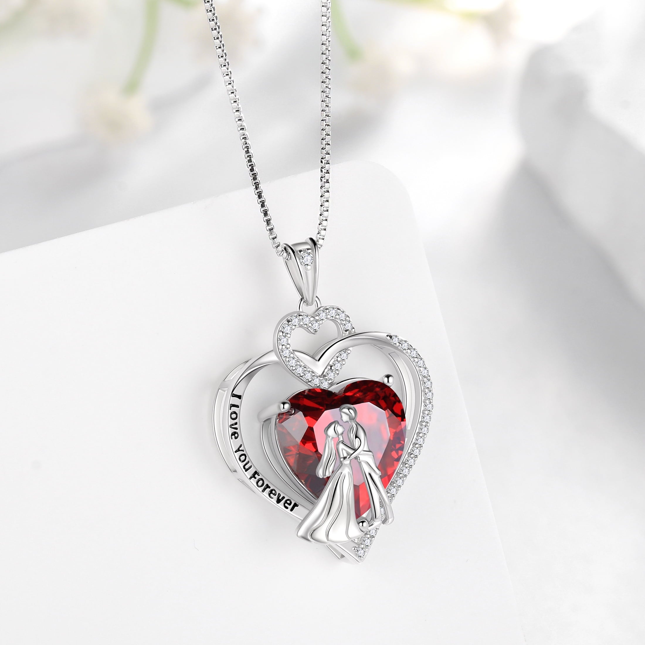 Couple Necklace for Women 925 Sterling Silver Heart January Birthstone Pendant Engraved Bridal Wedding Engagement Jewelry Valentines Gifts for Her Wife Girlfriend - Aurora Tears