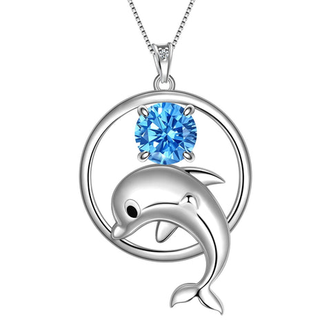 Juwaliy 925 Sterling Silver Cute Dolphin Necklace for Women Birthstone Pendant Sea Animal Jewelry Gifts - Aurora Tears
