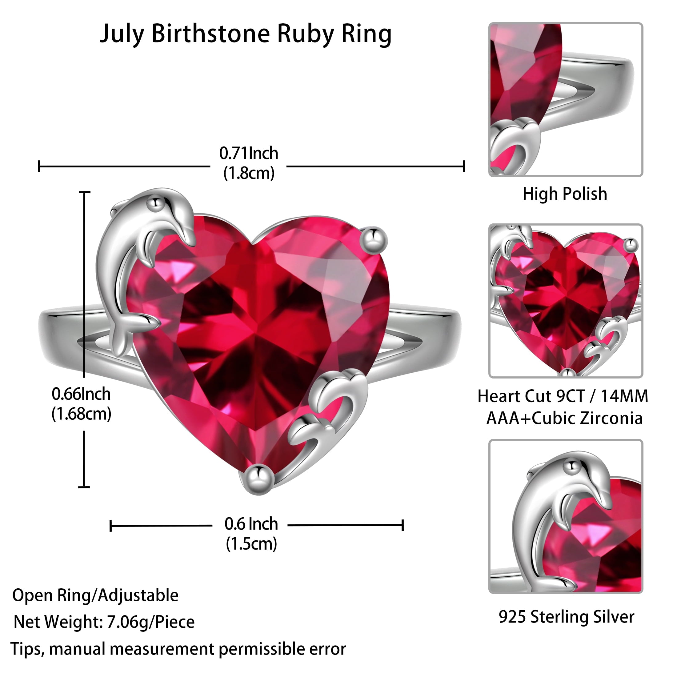 9Ct Women Heart Ring 925 Sterling Silver Dolphin July Birthstone Ruby Red Solitaire Ring Jewelry Mother Birthday Valentine's Day Gift - Aurora Tears