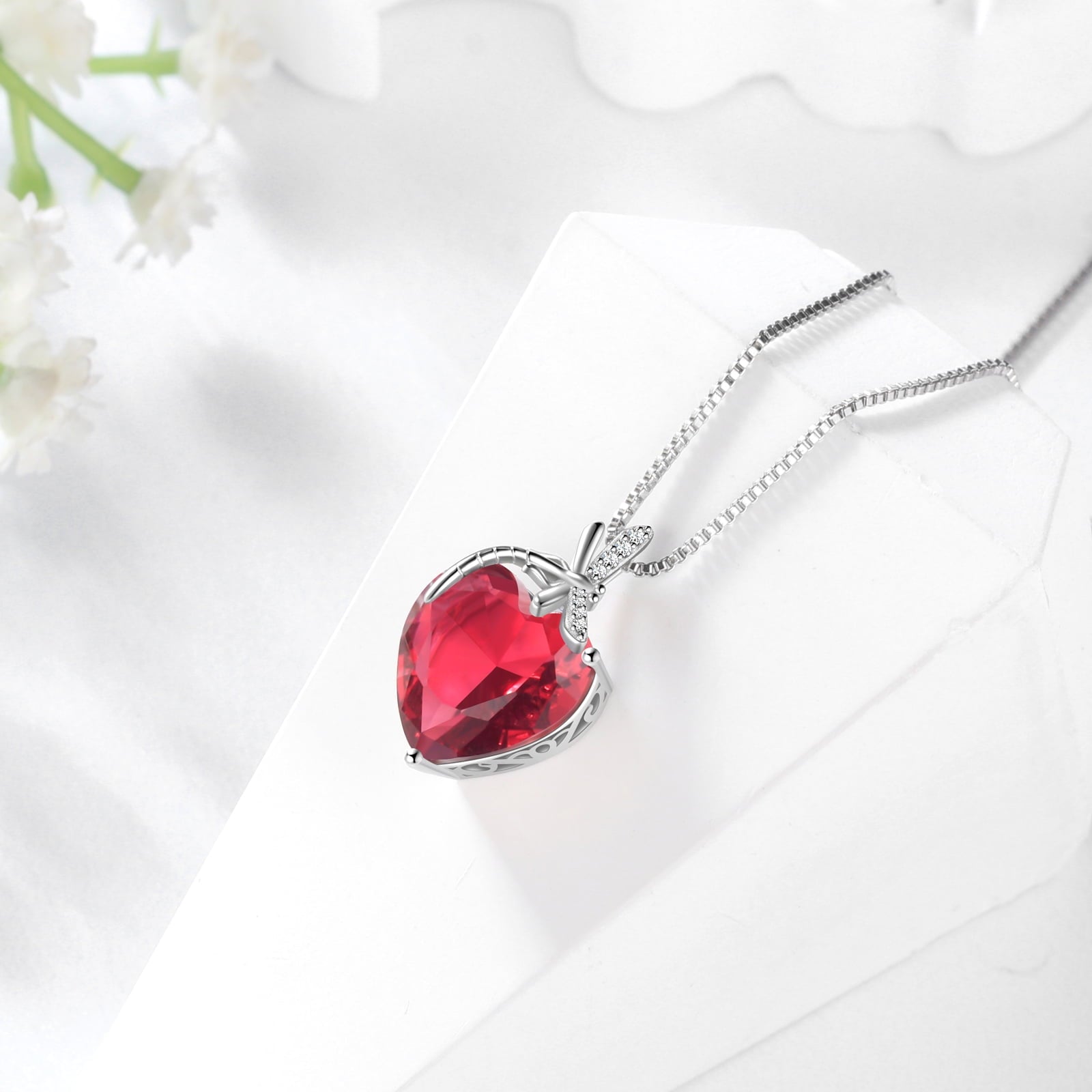 Dragonfly Necklace Heart July Birthstone Necklace Ruby Red 925 Sterling Silver Pendant Jewelry Women Wedding Birthday Christmas Mother's Day Gifts - Aurora Tears