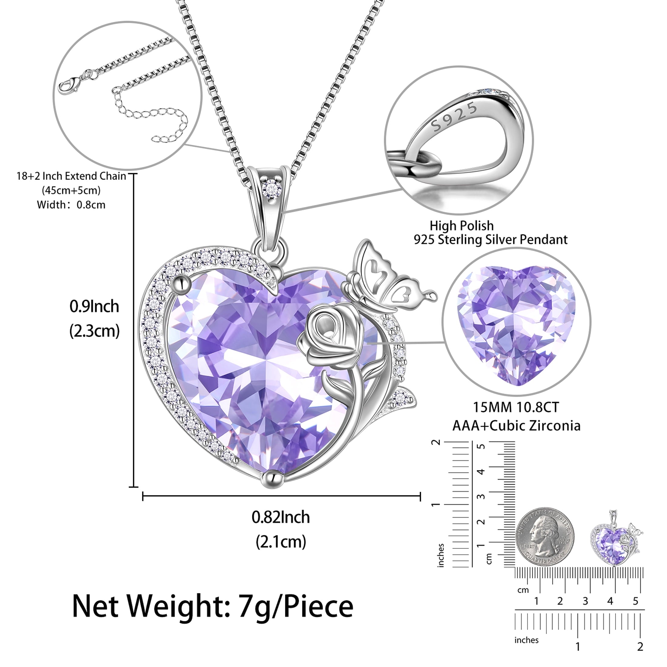 Women Heart Necklace Butterfly Rose Flower Pendant June Birthstone Alexandrite Crystal 925 Sterling Silver Jewelry Mother Wife Birthday Gift - Aurora Tears