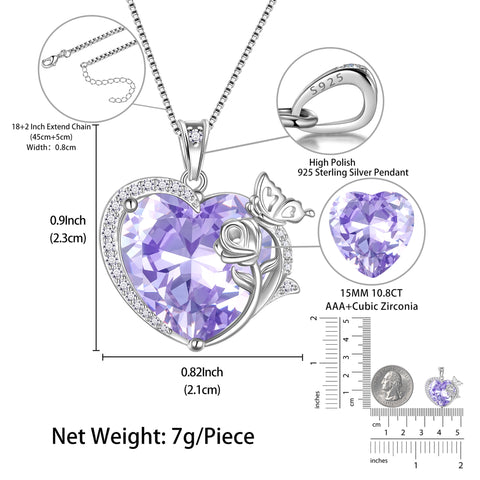 Women Heart Necklace Butterfly Rose Flower Pendant June Birthstone Alexandrite Crystal 925 Sterling Silver Jewelry Mother Wife Birthday Gift - Aurora Tears