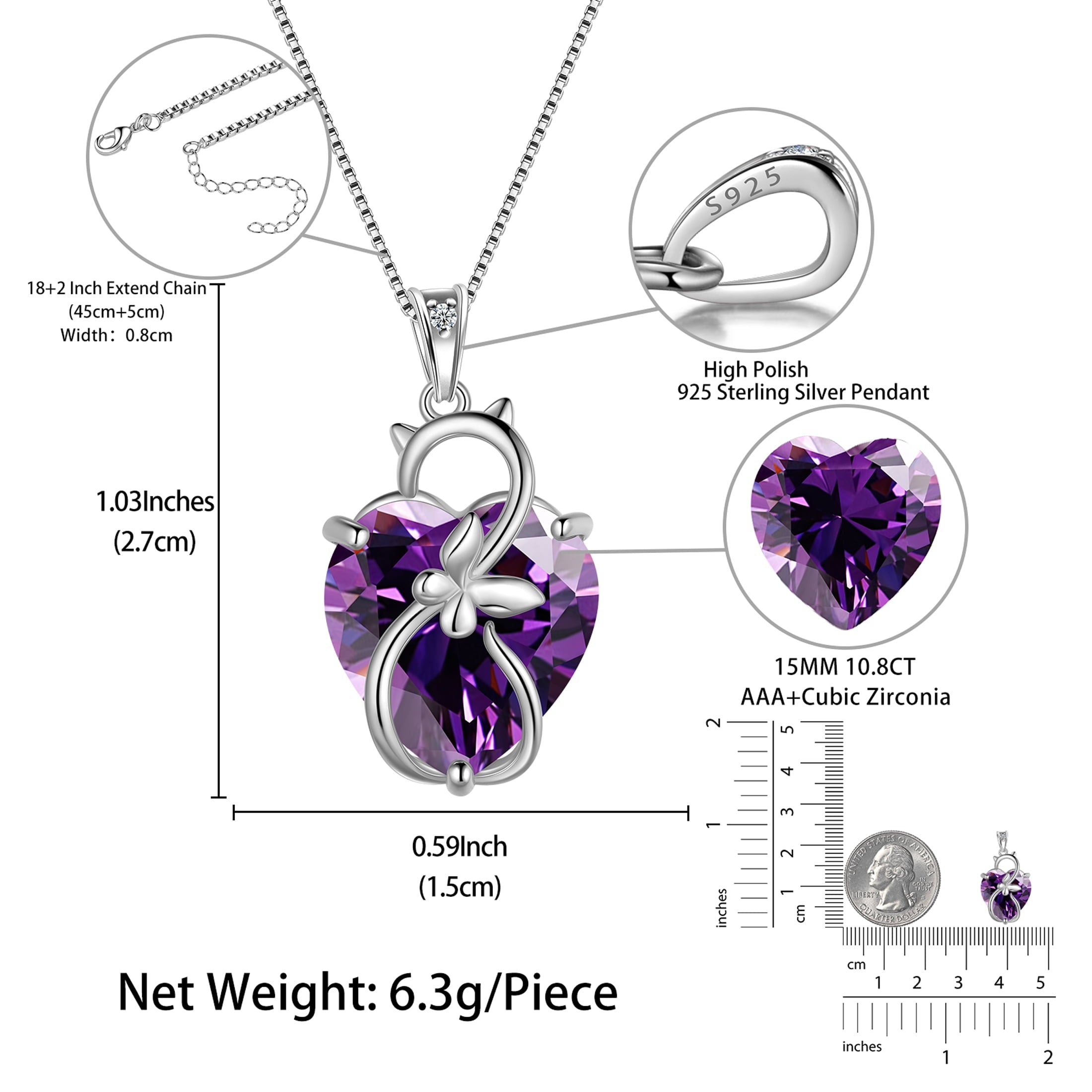 15MM Women Cat Necklace Heart February Birthstone 925 Sterling Silver Pendant Purple Amethyst Butterfly Jewelry Valentine's Day Gift for Cat Lover - Aurora Tears