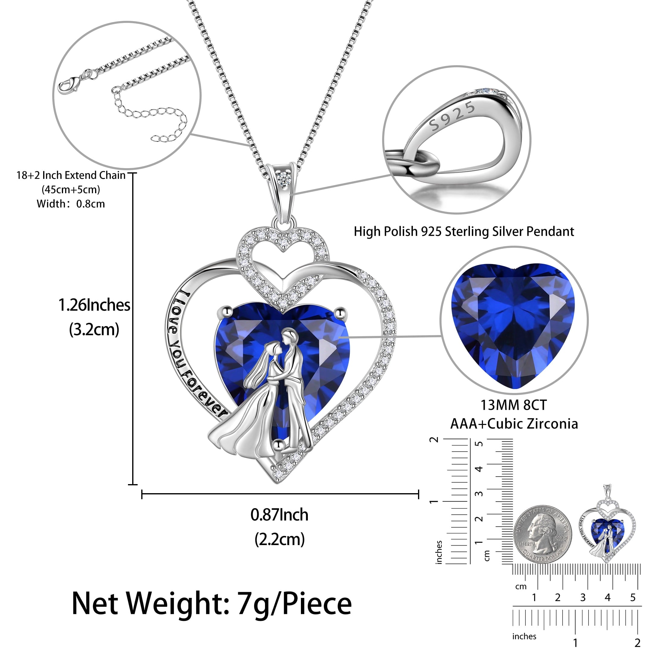 Couple Necklace for Women 925 Sterling Silver Heart September Birthstone Pendant Love Wedding Engagement Bridal Jewelry Valentines Gifts for Her Wife Girlfriend - Aurora Tears