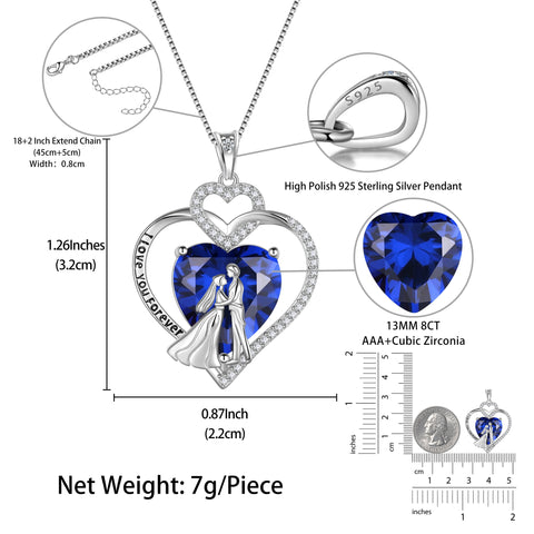 Couple Necklace for Women 925 Sterling Silver Heart September Birthstone Pendant Love Wedding Engagement Bridal Jewelry Valentines Gifts for Her Wife Girlfriend - Aurora Tears