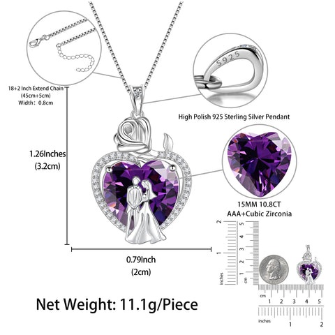 Couple Necklace for Women 925 Sterling Silver Heart February Birthstone Rose Flower Pendant Wedding Engagement Jewelry Valentines Day Gift for Her Wife/Girlfriend - Aurora Tears