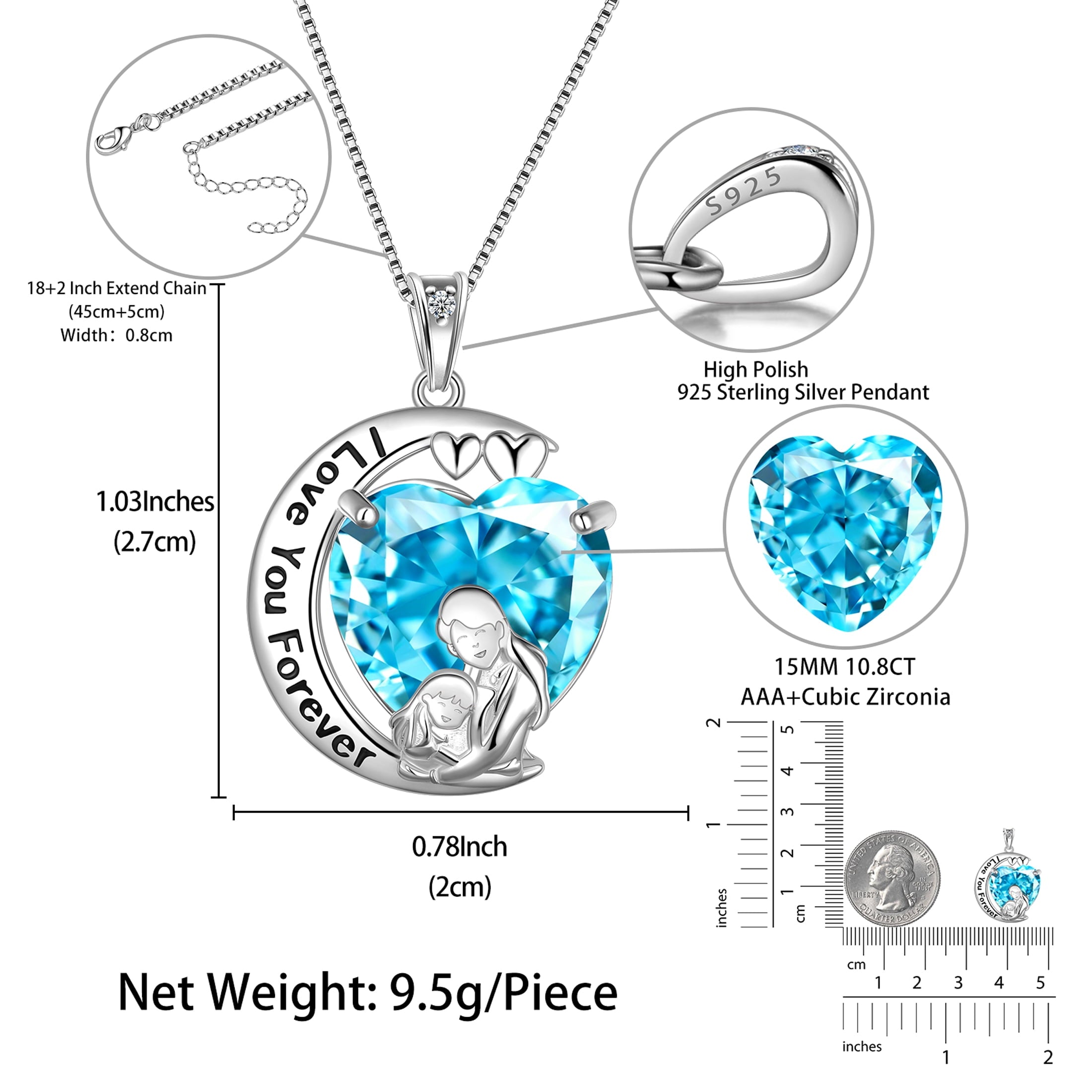 Moon Heart Mother Daughter Necklace 925 Sterling Silver Blue Aquamarine March Birthstone Pendant Jewelry Women Christmas Birthday Mother's Day Gift - Aurora Tears