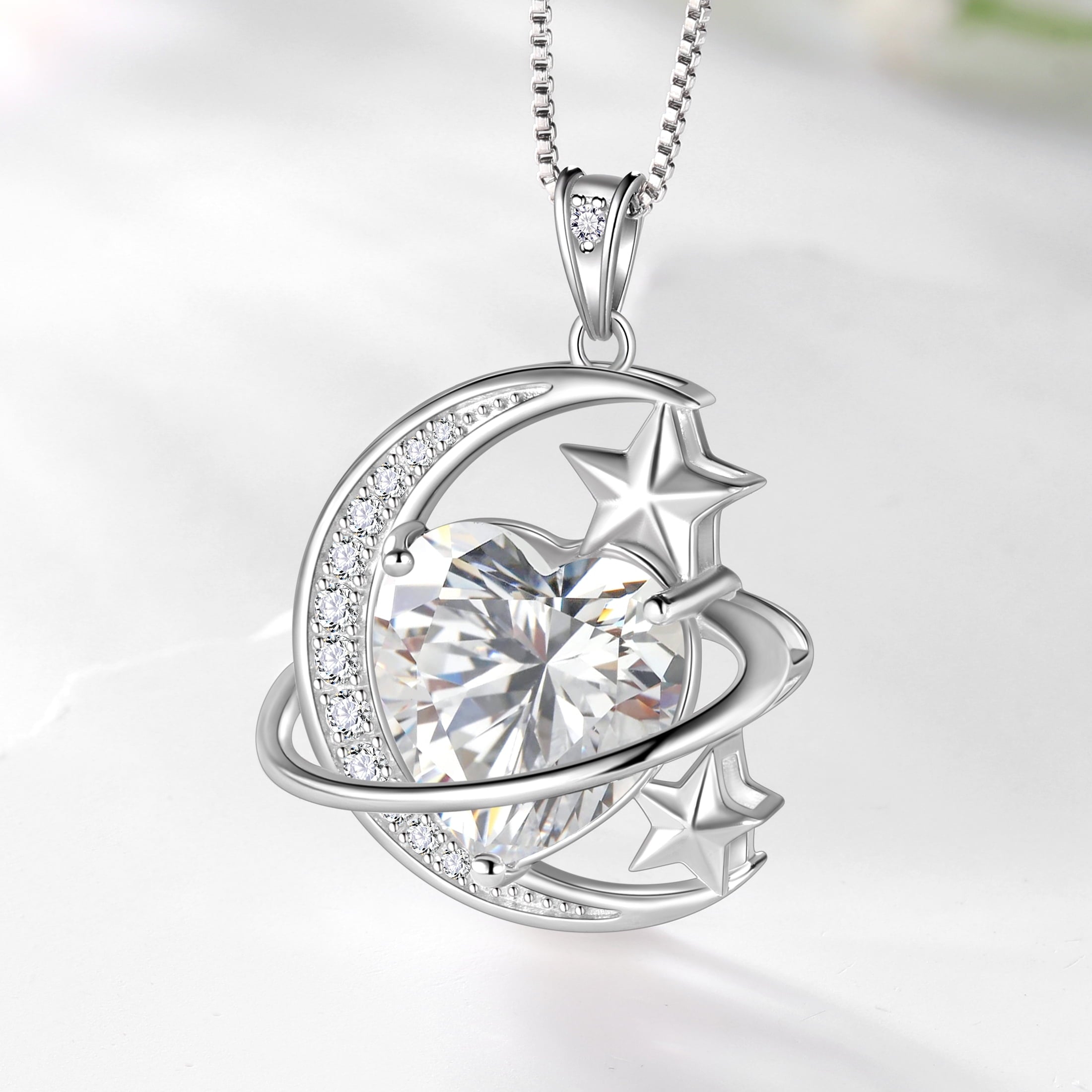 13MM Women Moon Star Necklace Heart April Birthstone 925 Sterling Silver Celestial Necklace Pendant Diamond Crystal Jewelry Christmas Birthday Valentines Gift for Wife/Mom - Aurora Tears