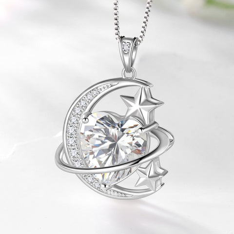 13MM Women Moon Star Necklace Heart April Birthstone 925 Sterling Silver Celestial Necklace Pendant Diamond Crystal Jewelry Christmas Birthday Valentines Gift for Wife/Mom - Aurora Tears