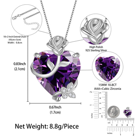 15MM Women Rose Heart Necklace February Birthstone 925 Sterling Silver Butterfly Flower Pendant Purple Amethyst Jewelry Mother Valentine's Day Gift - Aurora Tears