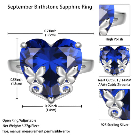 9Ct Women Heart Ring 925 Sterling Silver Butterfly September Birthstone Sapphire Blue Solitaire Ring Jewelry Birthday Mother's Day Gift - Aurora Tears