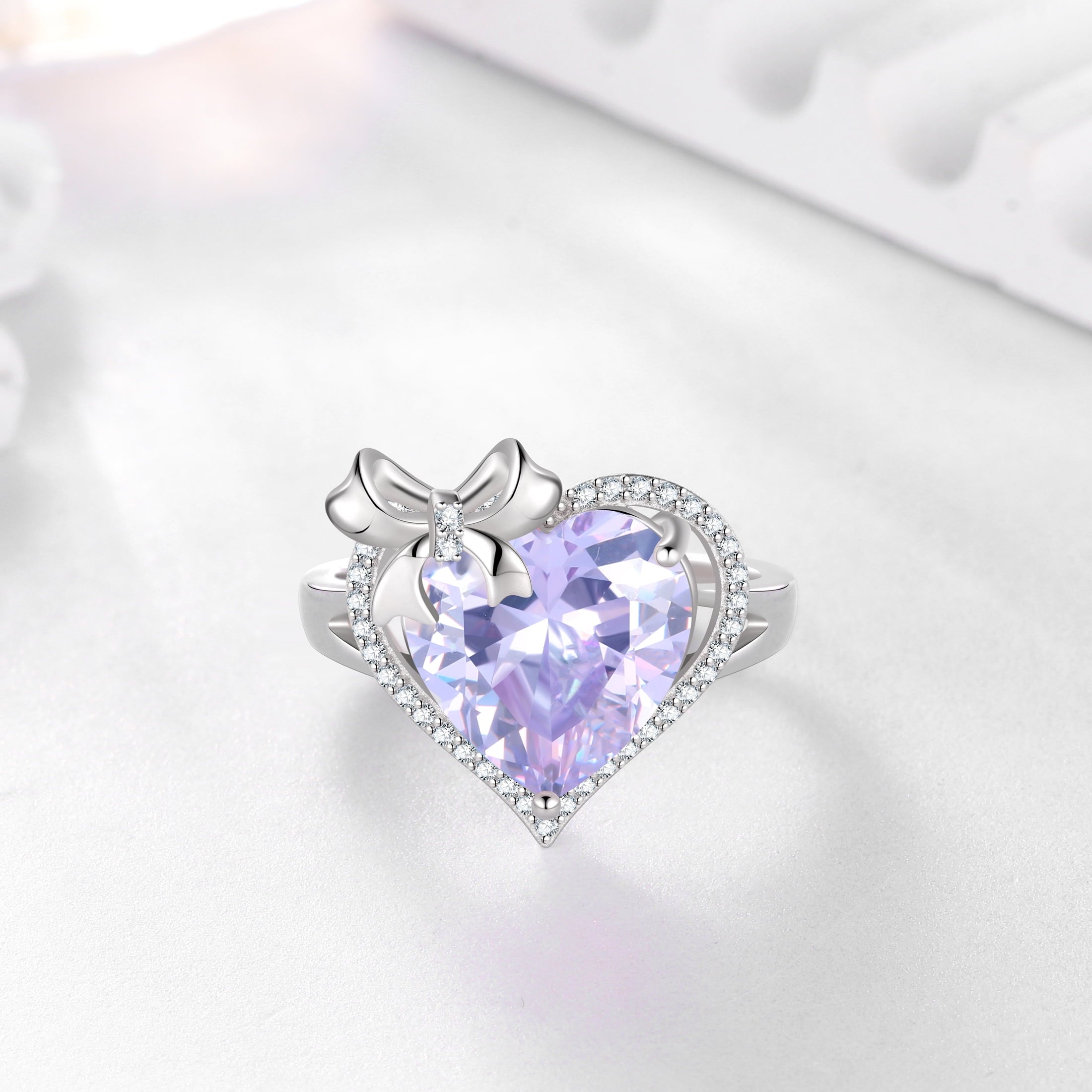 6Ct Heart Women Ring Bow Kont Ribbon 925 Sterling Silver June Birthstone Alexandrite Adjustable Ring Solitaire Jewelry Mother Valentines Birthday Gift - Aurora Tears