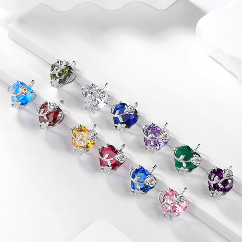 15MM Women Rose Heart Necklace April Birthstone 925 Sterling Silver Flower Butterfly Pendant Diamond CZ Bridal Jewelry Mother Valentine's Day Gift - Aurora Tears