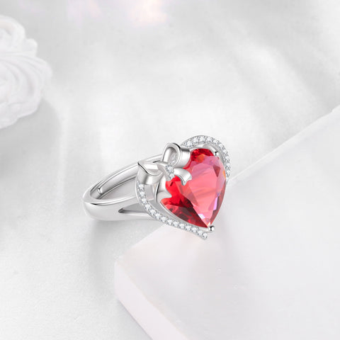 6Ct Heart Women Ring Bow Kont Ribbon 925 Sterling Silver July Birthstone Ruby Open Ring Jewelry Valentine's Day Gift for Wife Girlfriend Lover Mother - Aurora Tears