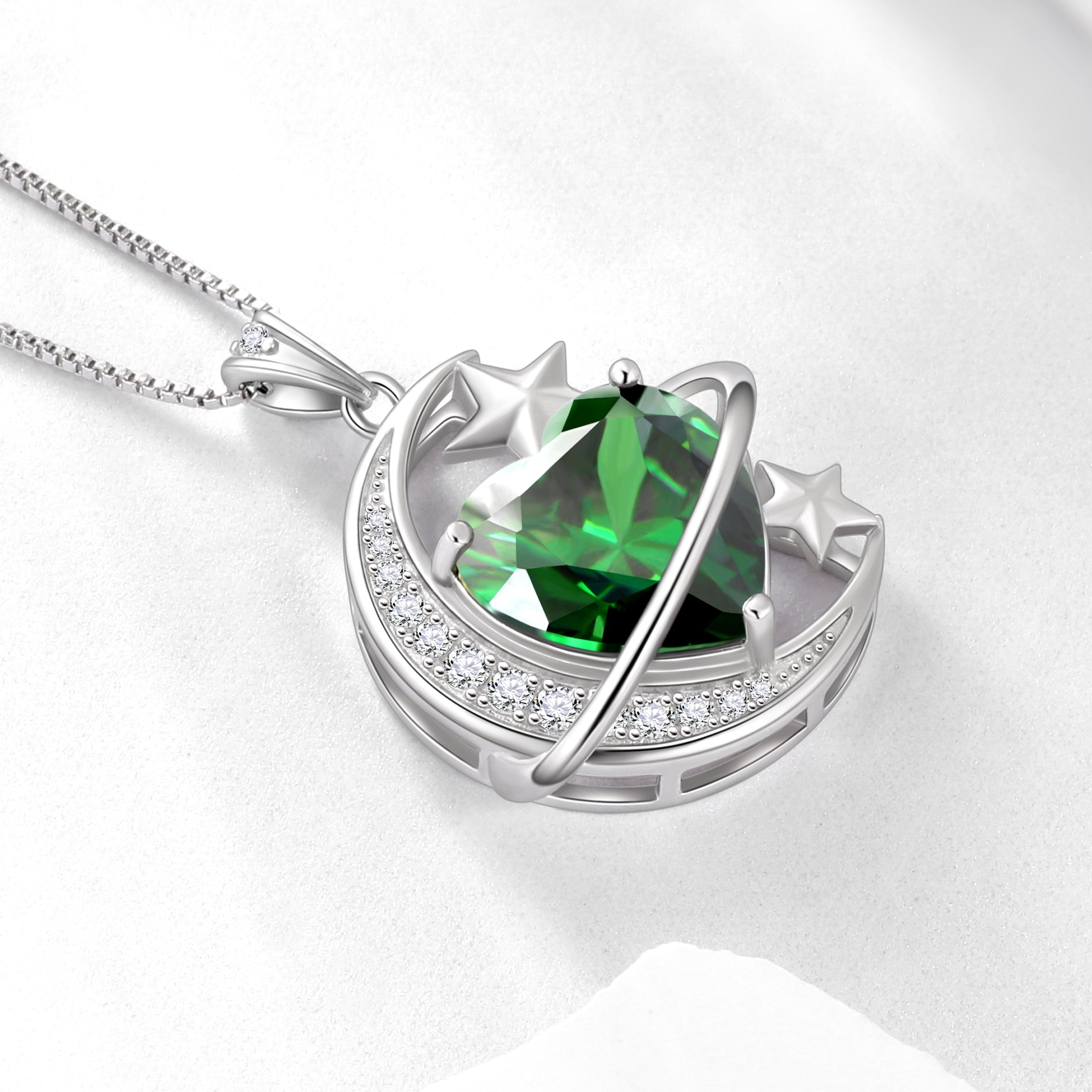 13MM Women Moon Star Necklace Heart May Birthstone 925 Sterling Silver Pendant Green Emerald Planet Celestial Jewelry Christmas Valentine Birthday Mother's Day Gift for Mom - Aurora Tears