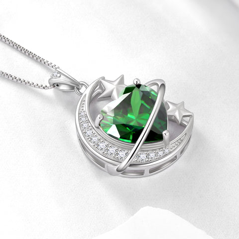 13MM Women Moon Star Necklace Heart May Birthstone 925 Sterling Silver Pendant Green Emerald Planet Celestial Jewelry Christmas Valentine Birthday Mother's Day Gift for Mom - Aurora Tears