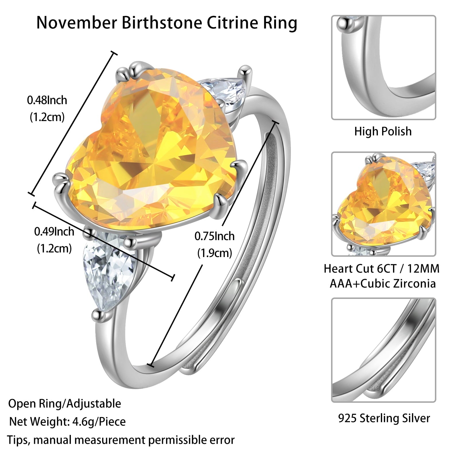 6Ct Women Heart Ring 925 Sterling Silver November Birthstone Ring Band Citrine Yellow Jewelry Mother Christmas Birthday Valentine Gift for Her - Aurora Tears