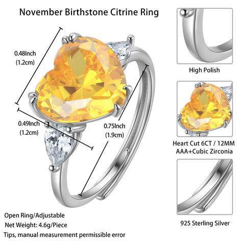 6Ct Women Heart Ring 925 Sterling Silver November Birthstone Ring Band Citrine Yellow Jewelry Mother Christmas Birthday Valentine Gift for Her - Aurora Tears