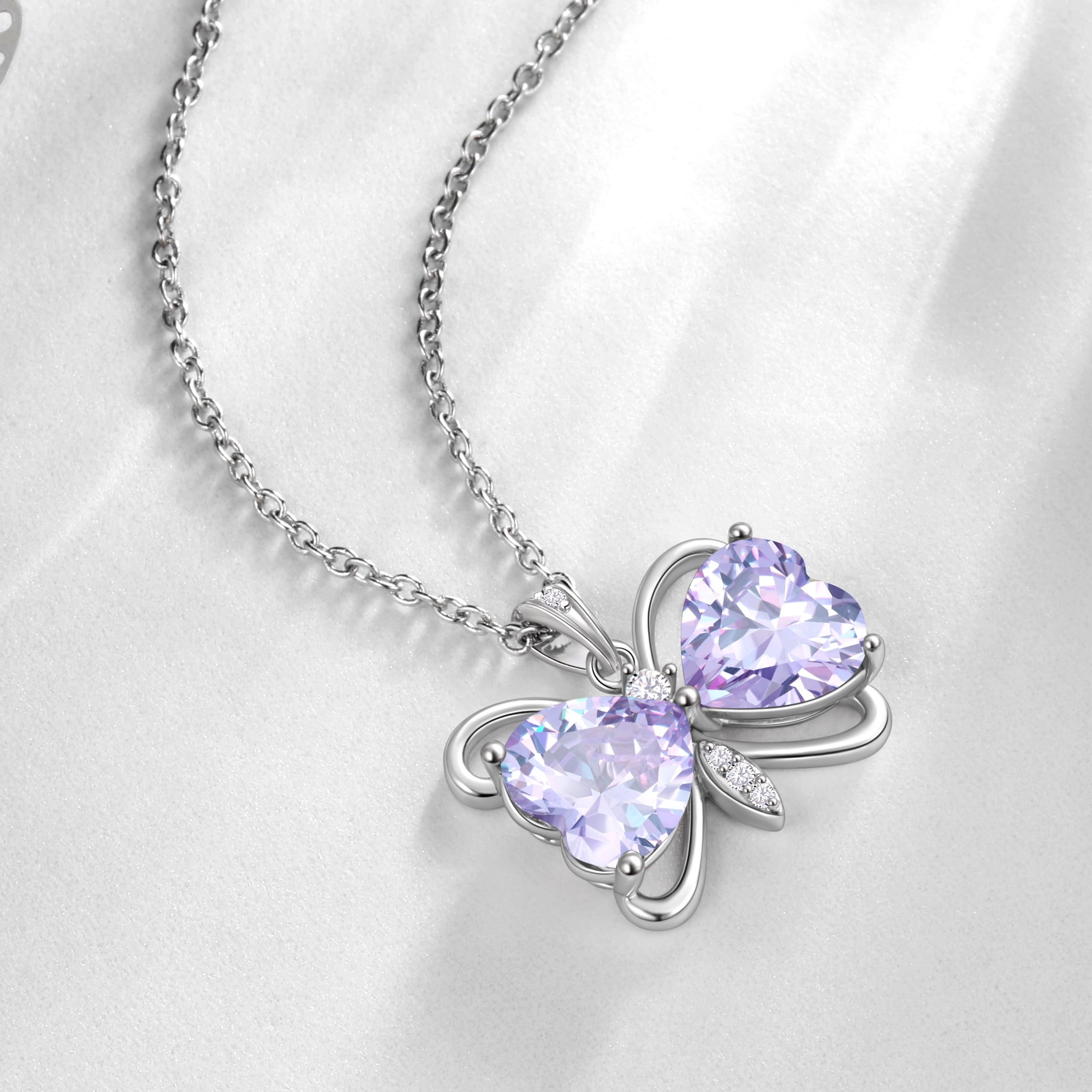 Women Purple Butterfly Necklace Heart June Birthstone Necklace Alexandrite CZ Silver Plated Pendant Jewelry Birthday Mother's Day Gift for Mom - Aurora Tears