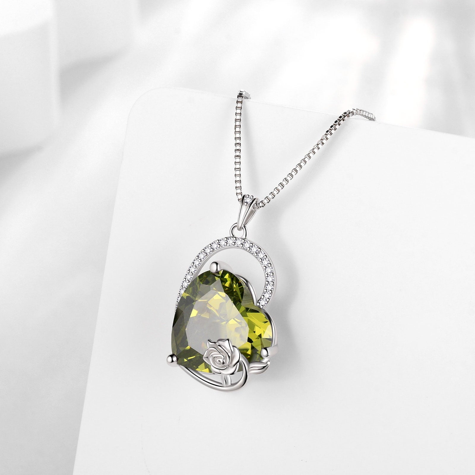 925 Sterling Silver 15MM Heart Necklace Women August Birthstone Peridot Green Jewelry Rose Flower Pendant Mother Christmas Birthday Gift - Aurora Tears