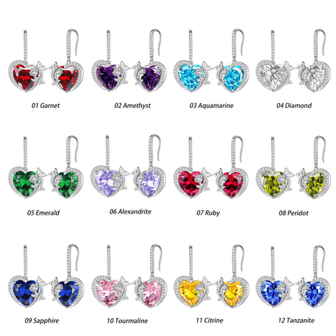 Juwaliy Women Birthstone Drop Earrings Heart Butterfly Flower Jewelry Hook 925 Sterling Silver Mother Valentine's Day Gift