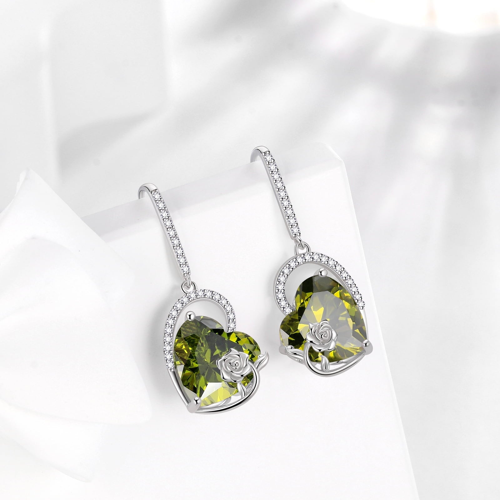 925 Sterling Silver Earrings Women Heart August Birthstone Hook Dangle Earring Peridot Green Rose Flower Jewelry Mother Birthday Gift - Aurora Tears