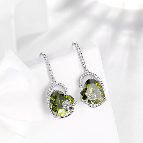 925 Sterling Silver Earrings Women Heart August Birthstone Hook Dangle Earring Peridot Green Rose Flower Jewelry Mother Birthday Gift - Aurora Tears