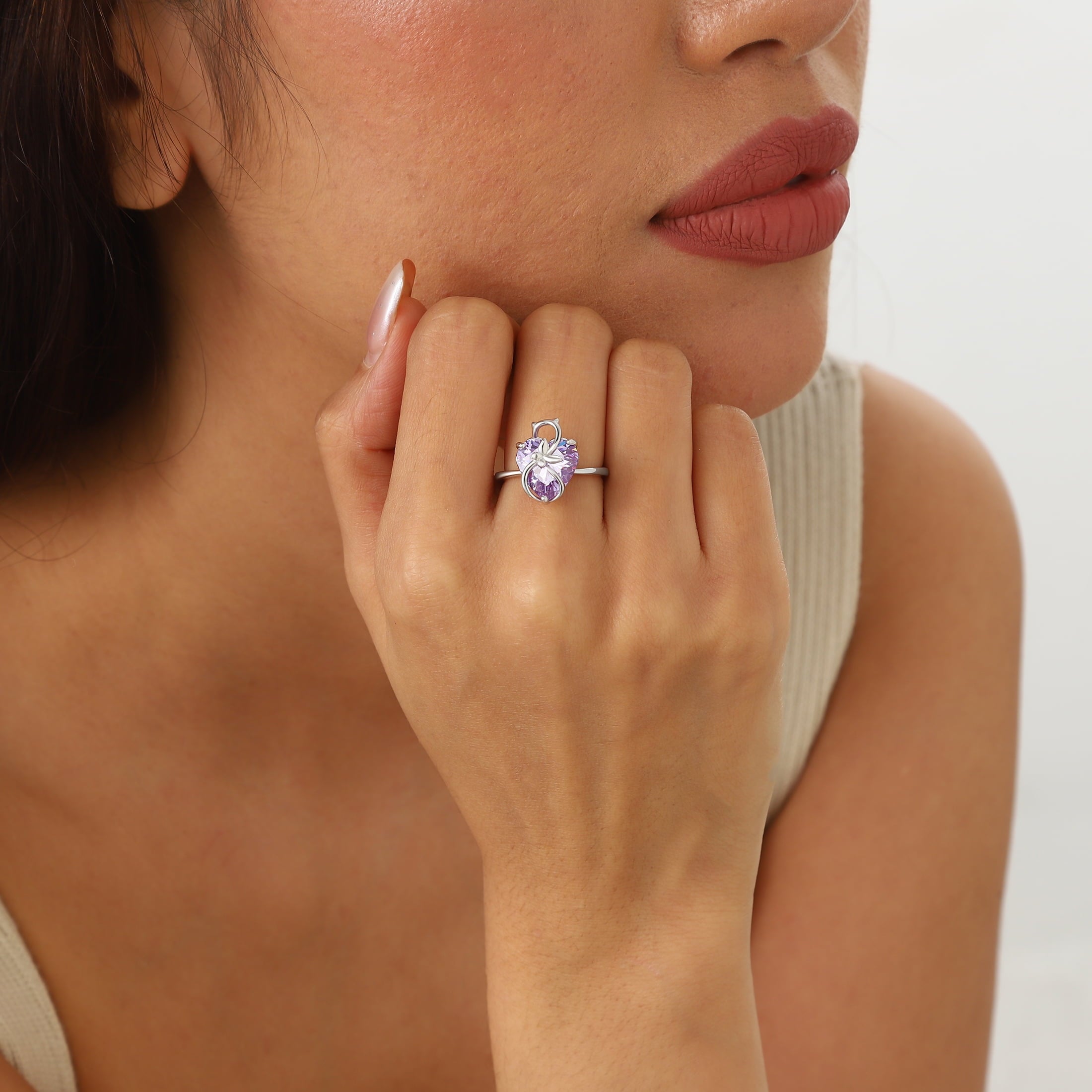 Women Heart Ring 925 Sterling Silver Cat Butterfly June Birthstone Alexandrite Solitaire Ring Jewelry Birthday Gift for Mother Cat Lover - Aurora Tears