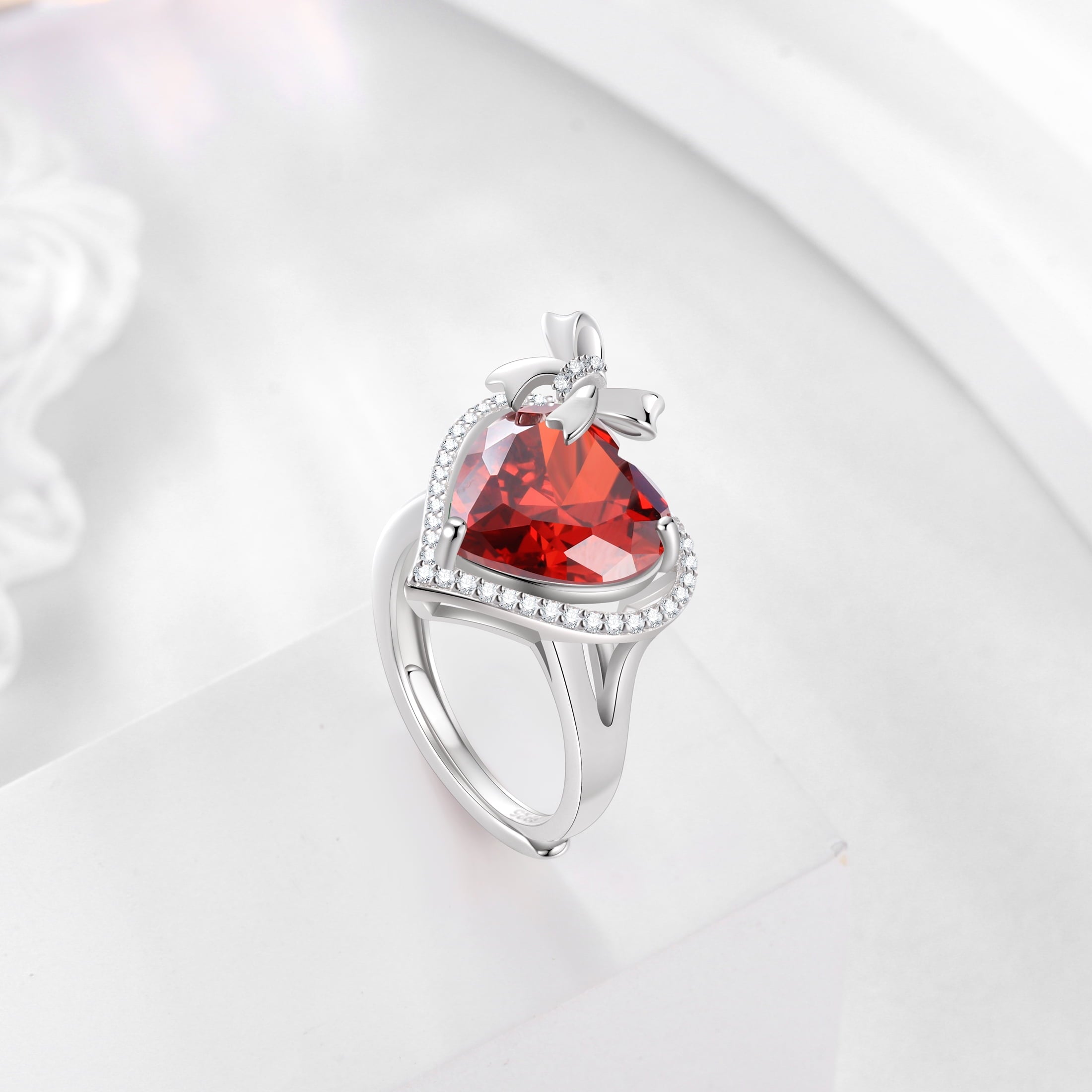 6Ct Heart Women Ring Bow Kont Ribbon 925 Sterling Silver January Birthstone Garnet Ring Red Solitaire Jewelry Mother Wife Birthday Valentine's Day Gift - Aurora Tears