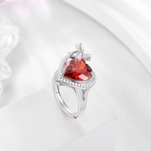 6Ct Heart Women Ring Bow Kont Ribbon 925 Sterling Silver January Birthstone Garnet Ring Red Solitaire Jewelry Mother Wife Birthday Valentine's Day Gift - Aurora Tears