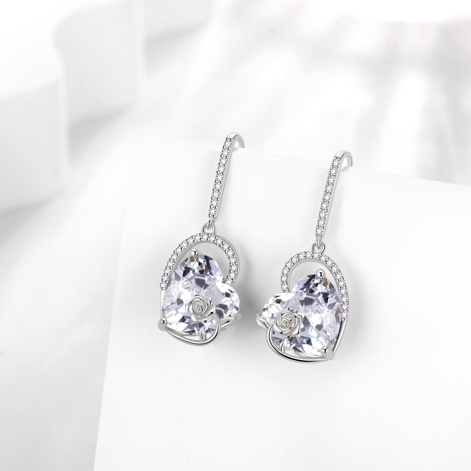 925 Sterling Silver Earrings Women Heart April Birthstone Hook Dangle Earrings Diamond Rose Flower Wedding Bridal Jewelry Mom Valentine's Day Gift - Aurora Tears
