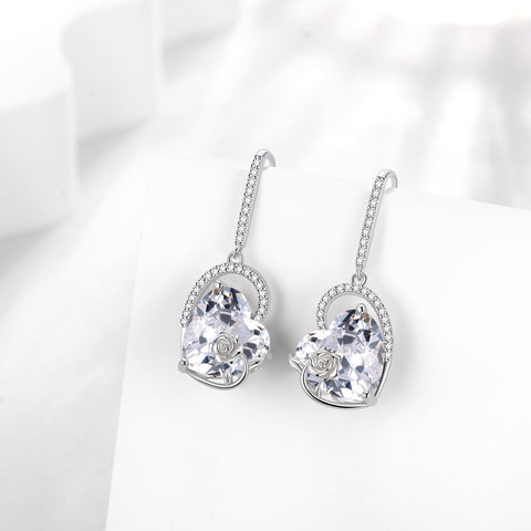925 Sterling Silver Earrings Women Heart April Birthstone Hook Dangle Earrings Diamond Rose Flower Wedding Bridal Jewelry Mom Valentine's Day Gift - Aurora Tears