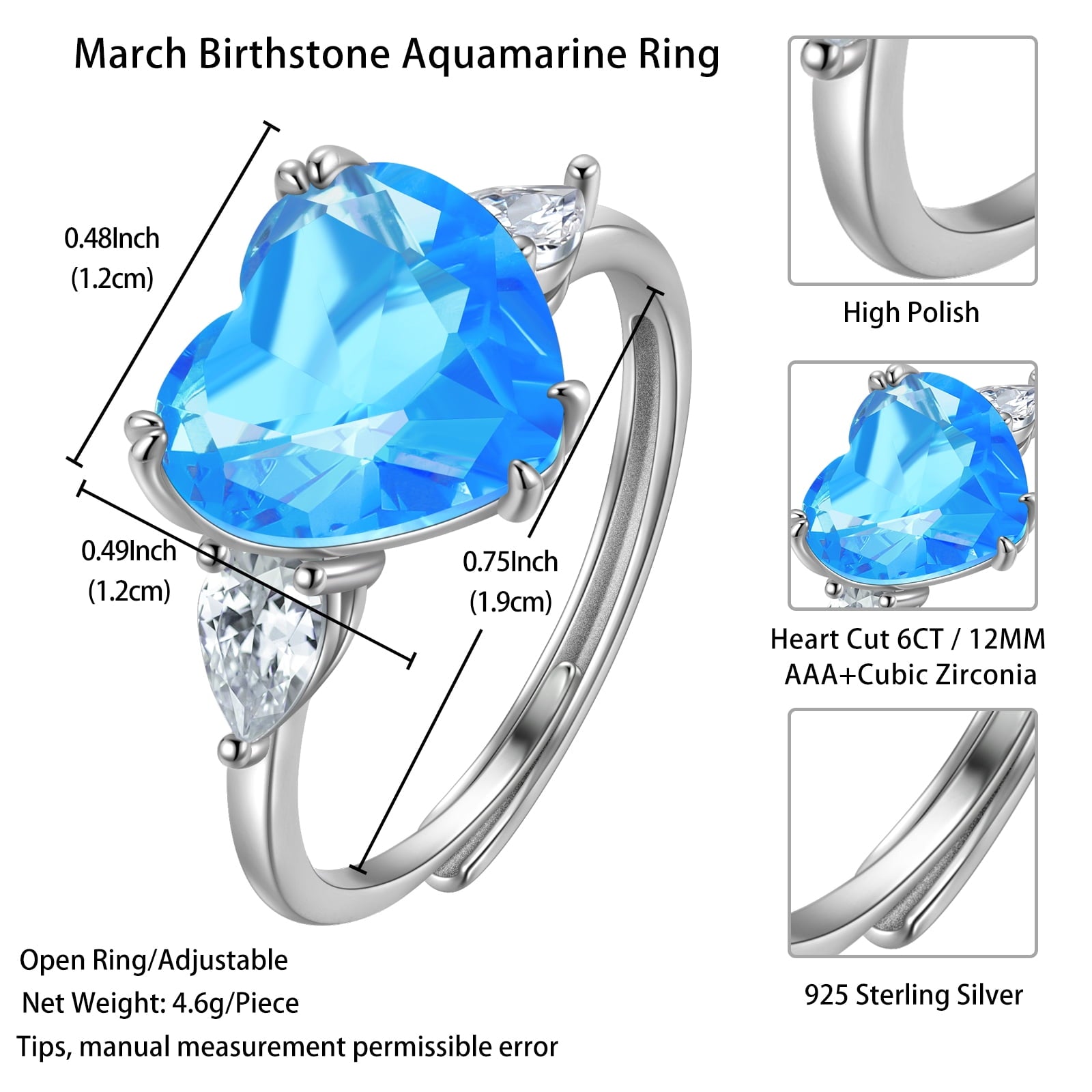 6Ct Women Heart Ring 925 Sterling Silver March Birthstone Ring Aquamarine Blue Band Jewelry Mother Birthday Wedding Valentine's Day - Aurora Tears