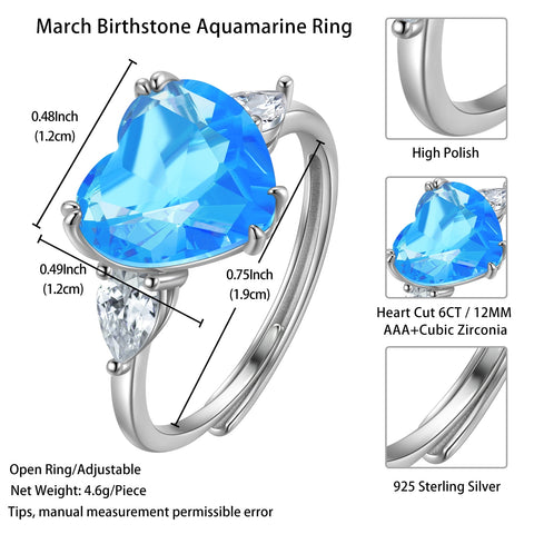 6Ct Women Heart Ring 925 Sterling Silver March Birthstone Ring Aquamarine Blue Band Jewelry Mother Birthday Wedding Valentine's Day - Aurora Tears