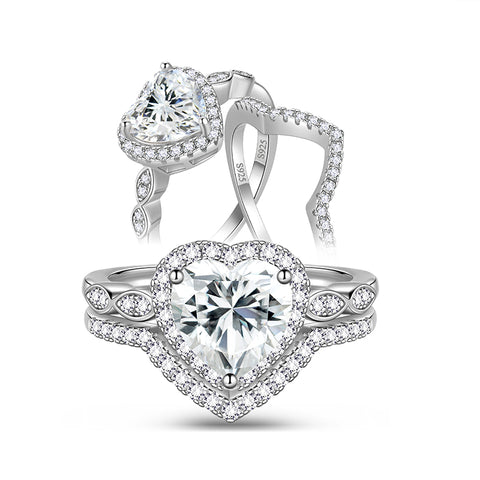 2 Carat Heart Cut Moissanite Engagement Ring Set,18K White Gold over Silver Wedding Rings for Women-Size (6-9)