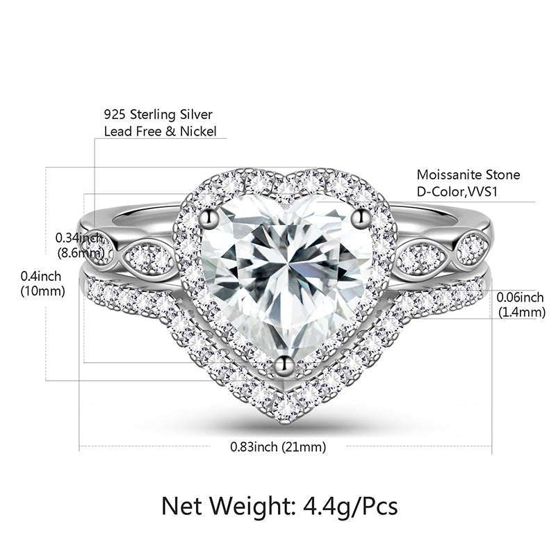 2 Carat Heart Cut Moissanite Engagement Ring Set,18K White Gold over Silver Wedding Rings for Women-Size (6-9) - Aurora Tears Jewelry