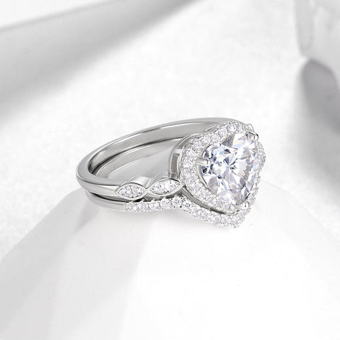 2 Carat Heart Cut Moissanite Engagement Ring Set,18K White Gold over Silver Wedding Rings for Women-Size (6-9)