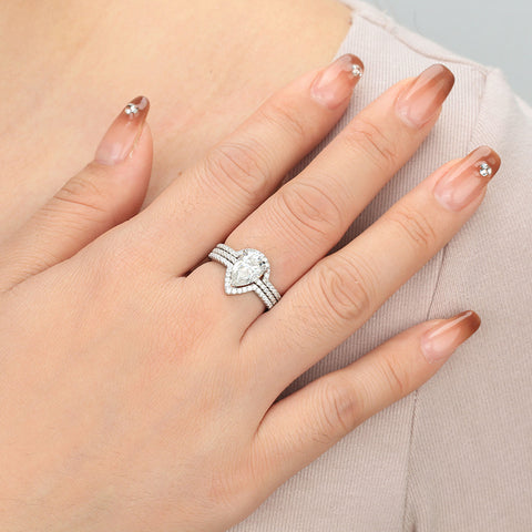 2 Carat Moissanite Engagement Ring Set | 18K White Gold over Silver Wedding Bridal Rings for Women | Size 6-9