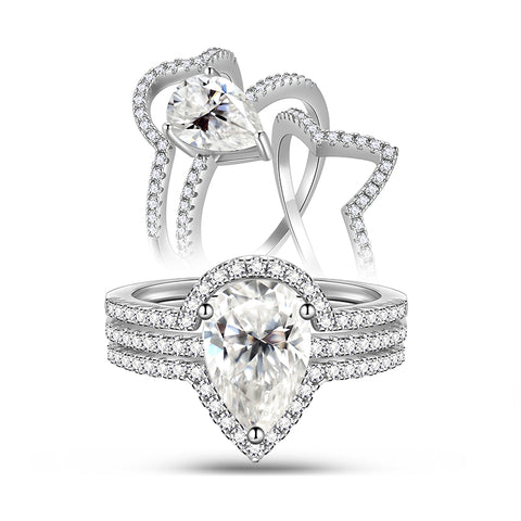 2 Carat Moissanite Engagement Ring Set | 18K White Gold over Silver Wedding Bridal Rings for Women | Size 6-9