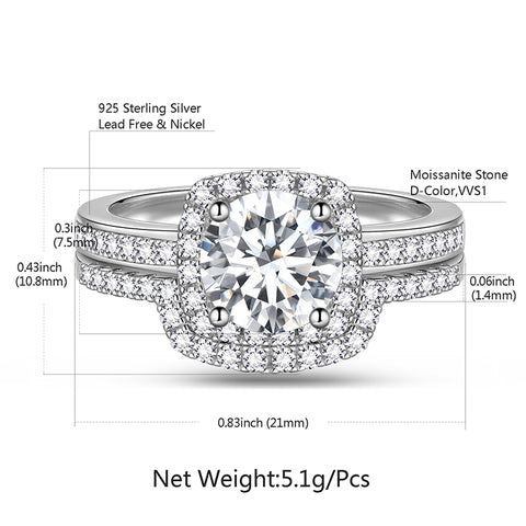 1.5 Carat Moissanite Round Cut Engagement Ring Set, Cushion Halo Design Wedding Bridal Rings in 18K White Gold over Silver for Women, Size 6-9