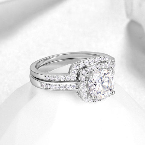 Women 1.5 Carat Moissanite Round Cut Engagement Ring Set Jewelry, Cushion Halo Design Wedding Bridal Rings, Size 6-9 - Aurora Tears Jewelry