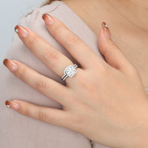Women 1.5 Carat Moissanite Round Cut Engagement Ring Set Jewelry, Cushion Halo Design Wedding Bridal Rings, Size 6-9 - Aurora Tears Jewelry