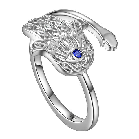 Blue Evil Eye Ring Men Women Protection Jewelry Lotus Fatima Hamsa Hand Open Band Ring Sterling Silver - Aurora Tears Jewelry
