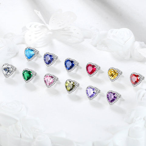 Heart Earrings for Women Girls Birthstone Earrings Stud Jewelry Birthday Gifts 925 Sterling Silver - Aurora Tears Jewelry