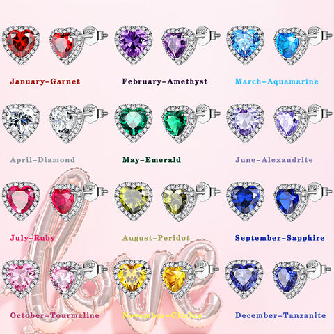 Heart Earrings for Women Girls Birthstone Earrings Stud Jewelry Birthday Gifts 925 Sterling Silver - Aurora Tears Jewelry